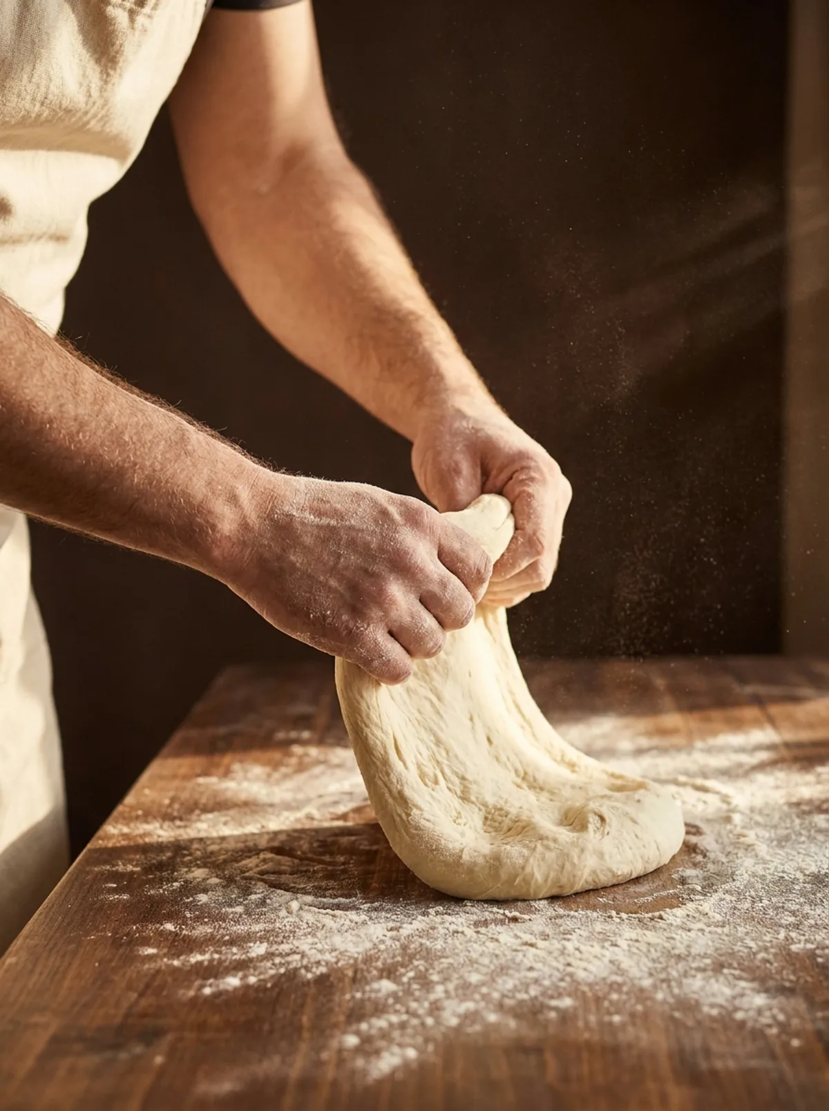 Chef's hands stretching dough in warm light