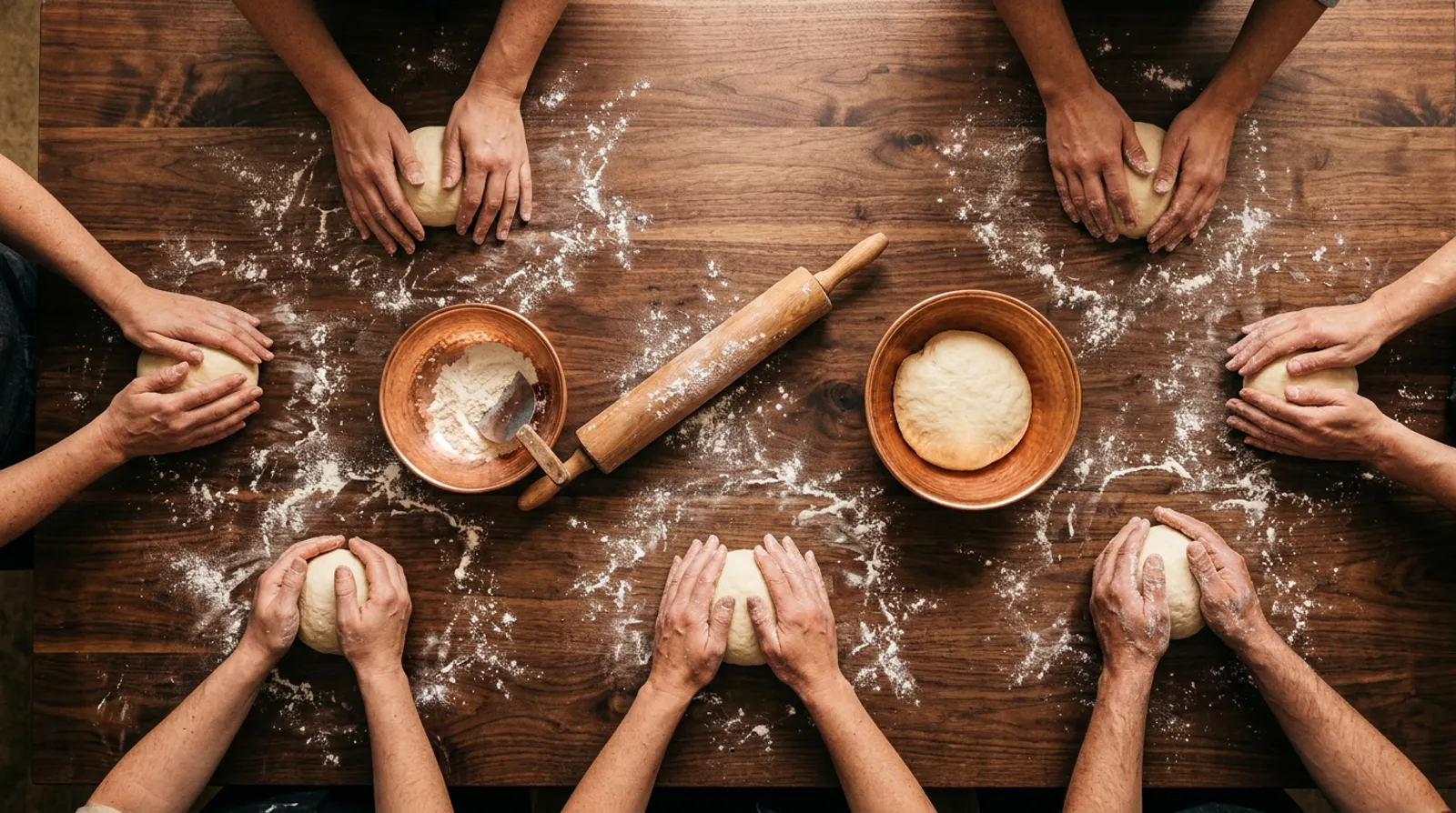 Hands shaping dough along a floured class table