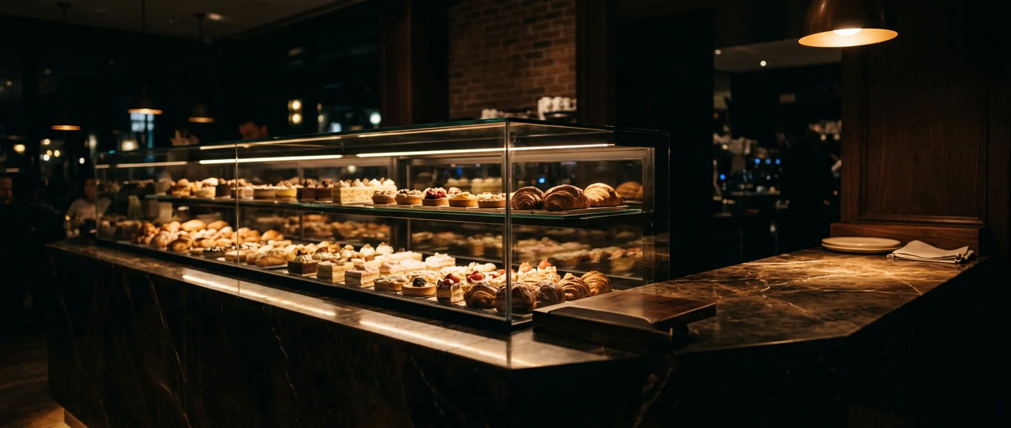 The glowing pastry case at Maybac